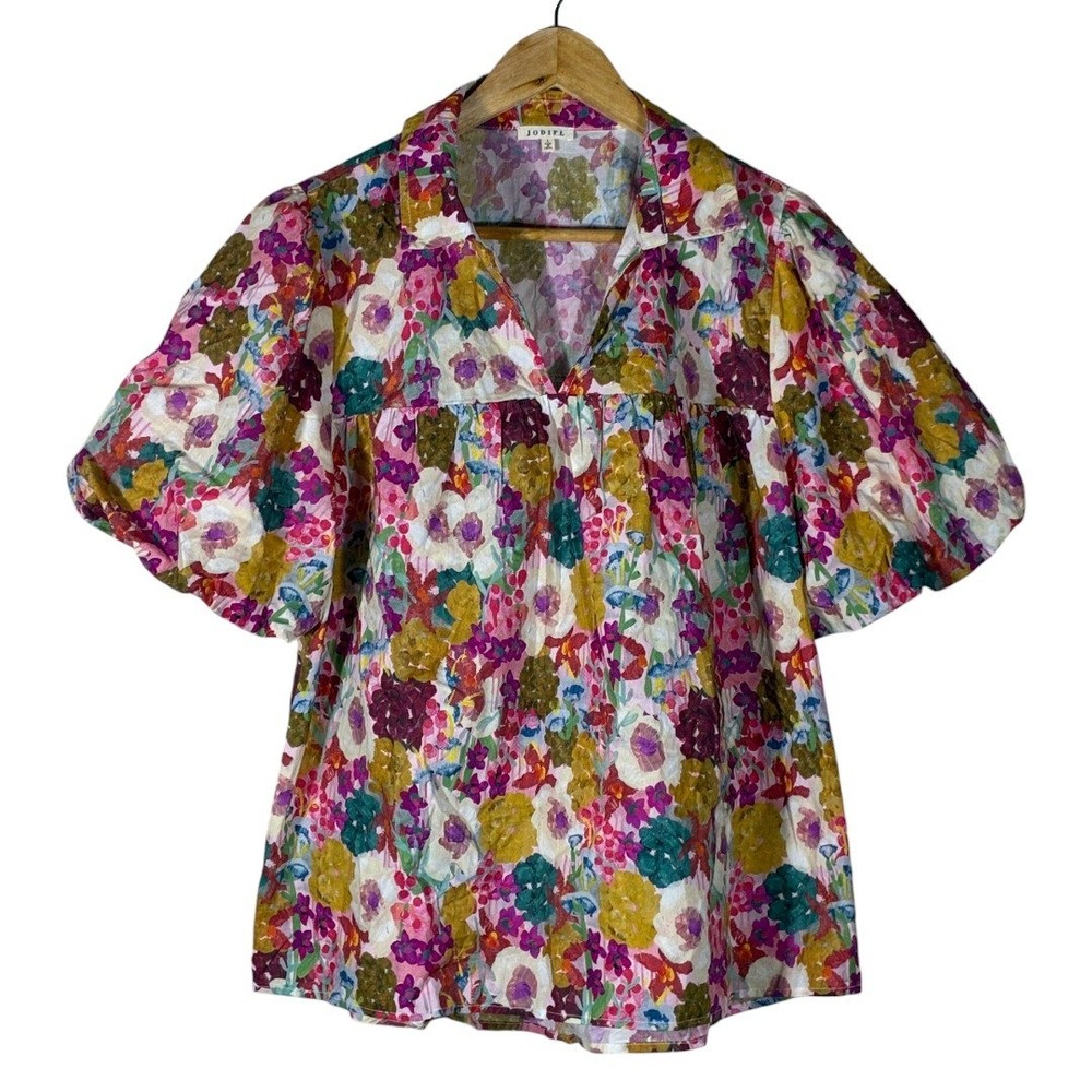 Jodifl H11112 Floral Puff Sleeve Babydoll Top Multicolor Boho Colorful Size L
